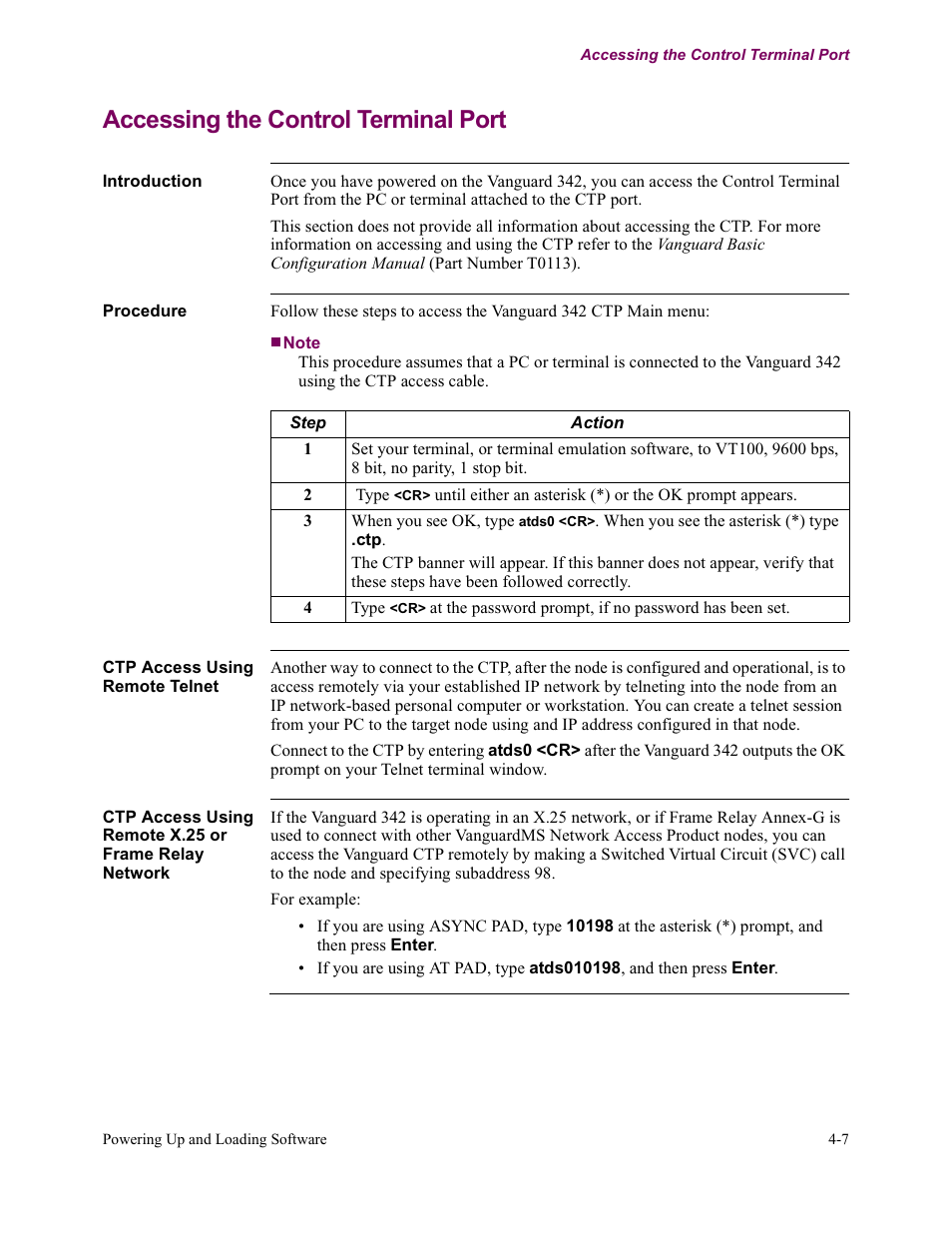 Accessing the control terminal port | Vanguard Managed Solutions Vanguard 342 User Manual | Page 95 / 115