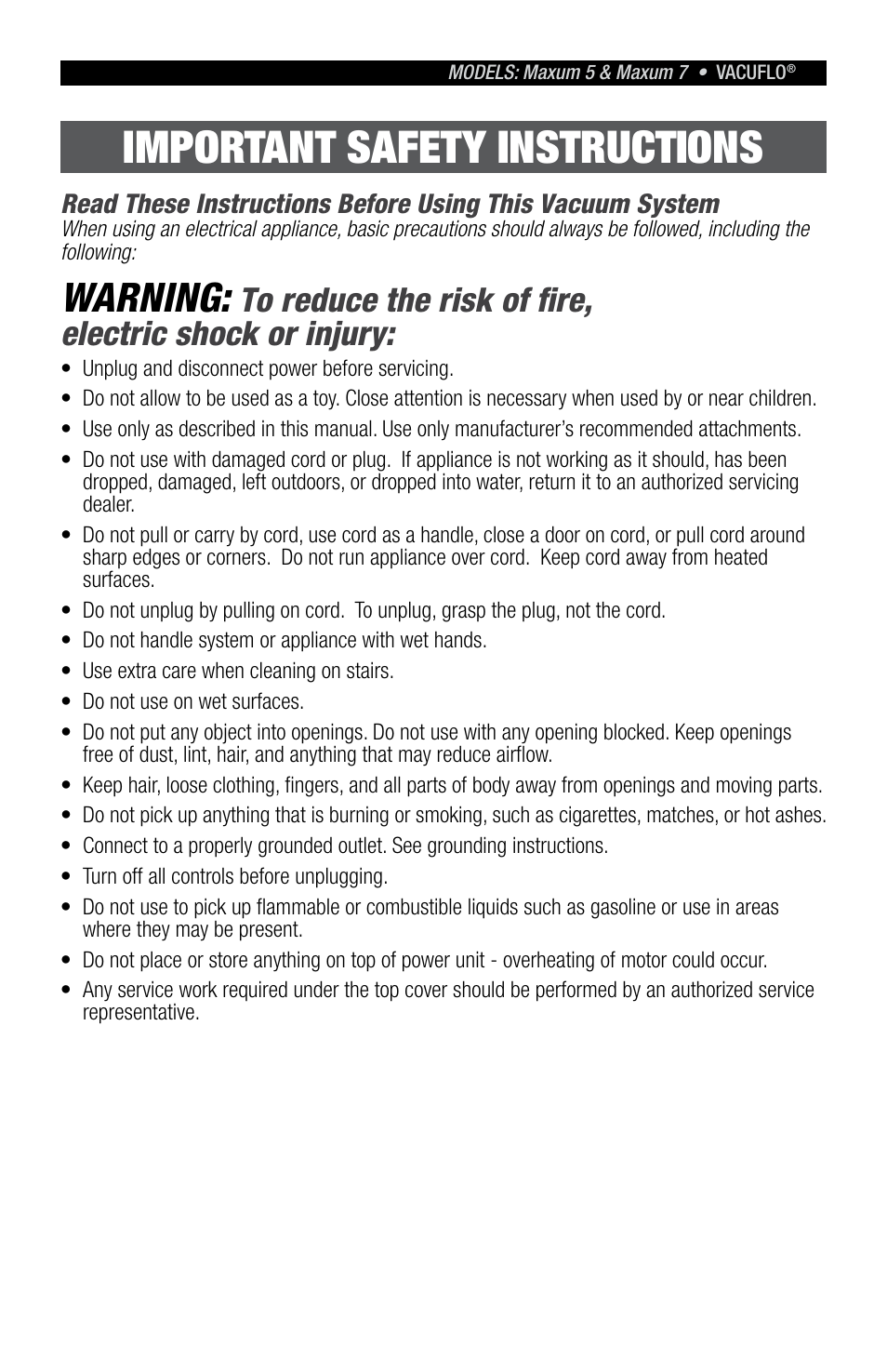 Important safety instructions, Warning | Vacuflo MAXUM 5 User Manual | Page 3 / 12