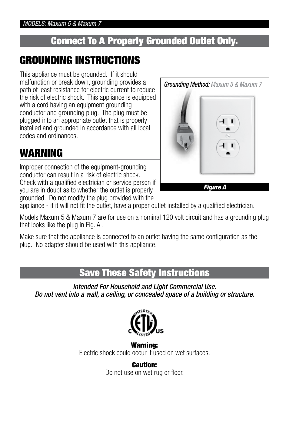 Grounding instructions, Warning, Connect to a properly grounded outlet only | Save these safety instructions | Vacuflo MAXUM 5 User Manual | Page 4 / 12