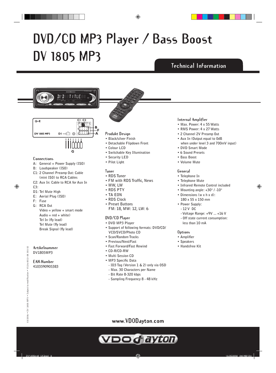 Technical information | VDO Dayton DV 1805 MP3 User Manual | Page 2 / 2