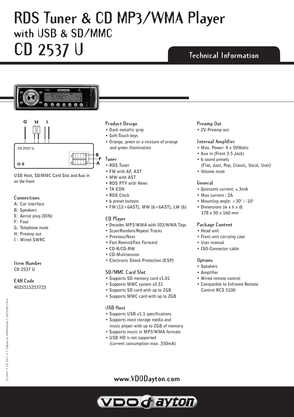 Cd 2537 u, Rds tuner & cd mp3/wma player, With usb & sd/mmc | Technical information | VDO Dayton CD 2537 U User Manual | Page 2 / 2