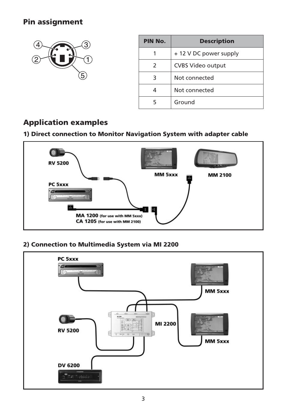 Pin assignment, Application examples | VDO Dayton RV 5200 User Manual | Page 3 / 4