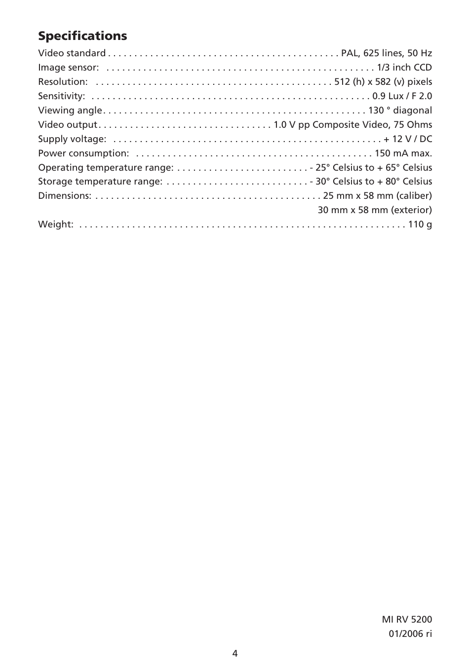 Specifications | VDO Dayton RV 5200 User Manual | Page 4 / 4