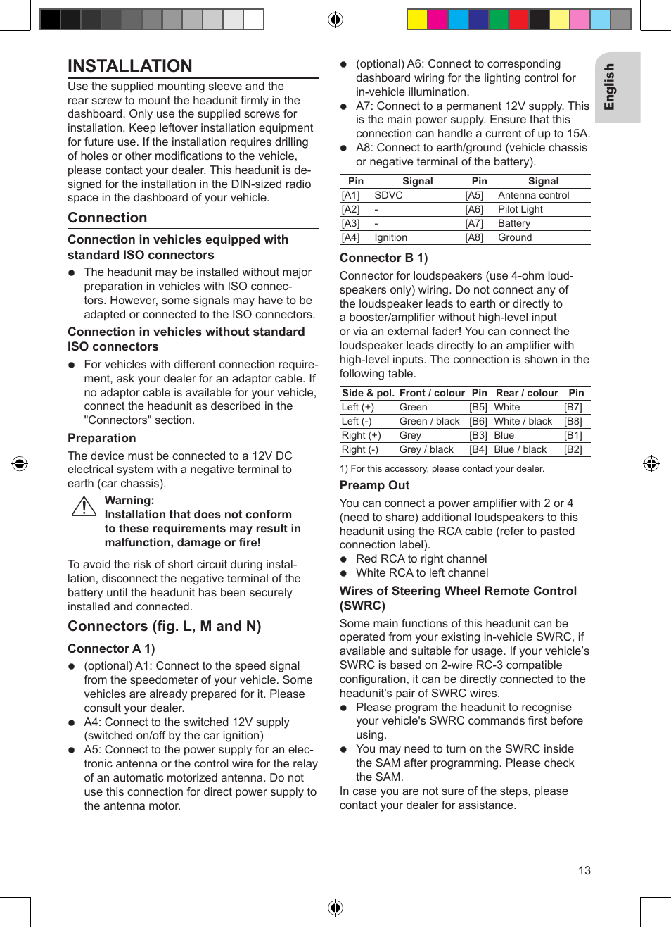 Installation, Connection, Connectors (fig. l, m and n) | VDO Dayton CD 2327 G User Manual | Page 13 / 29