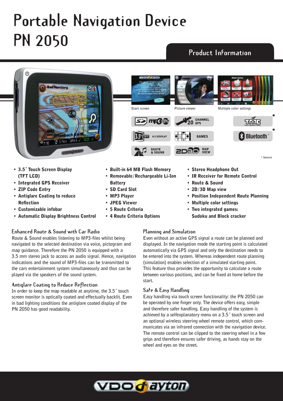 VDO Dayton Portable Navigation Device PN 2050 User Manual | 2 pages