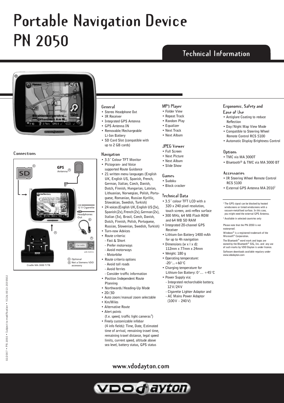 Portable navigation device pn 2050, Technical information, General | Navigation, Mp3 player, Jpeg viewer, Games, Technical data, Ergonomic, safety and ease of use, Options | VDO Dayton Portable Navigation Device PN 2050 User Manual | Page 2 / 2