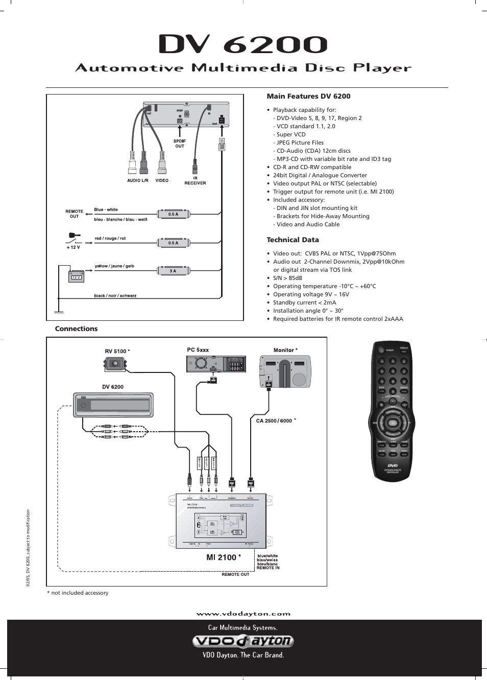 Dv 6200, Automotive multimedia disc player | VDO Dayton DV 6200 User Manual | Page 2 / 2