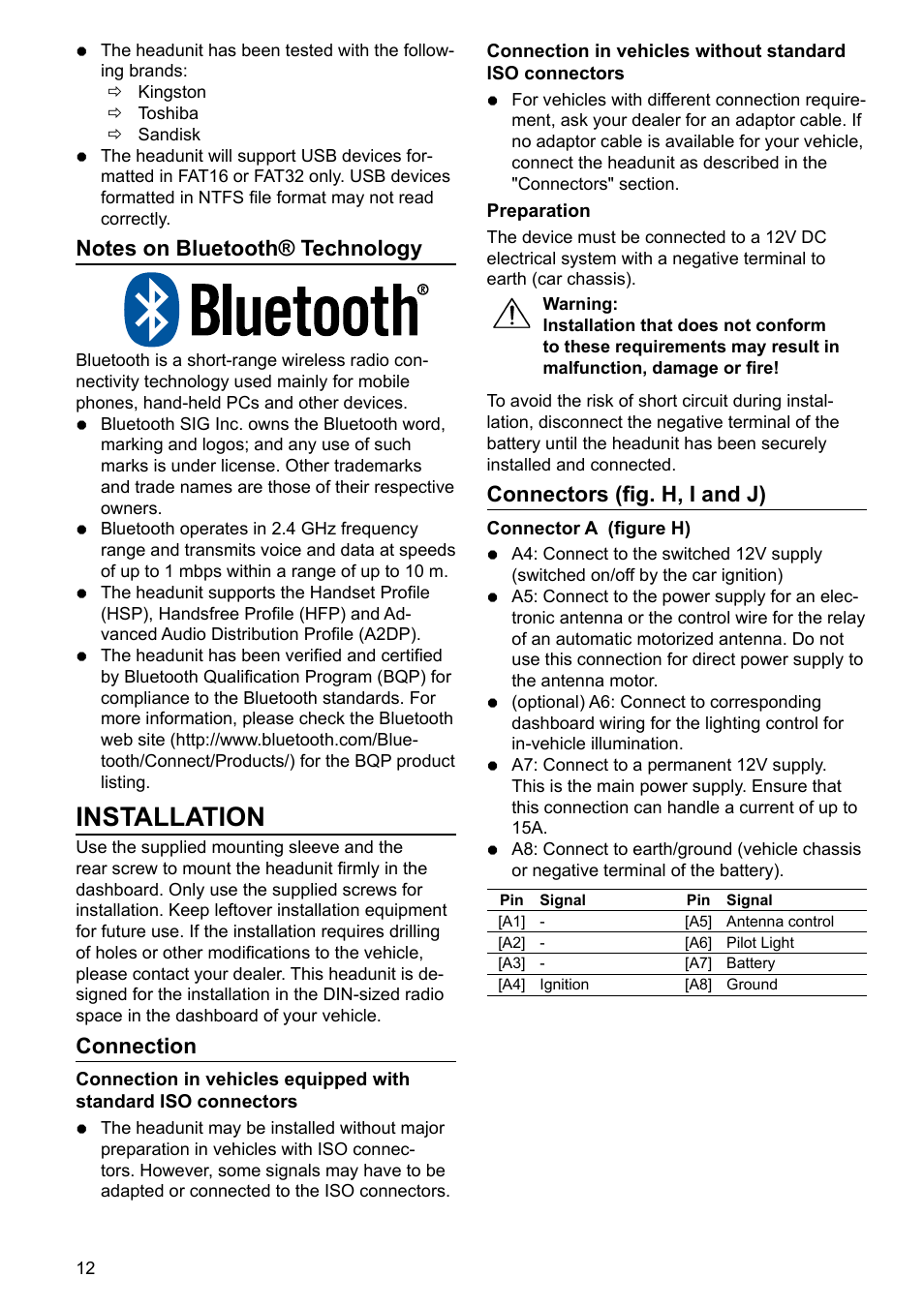 Installation, Connection, Connectors (fi g. h, i and j) | VDO Dayton TR 7327 B User Manual | Page 11 / 26