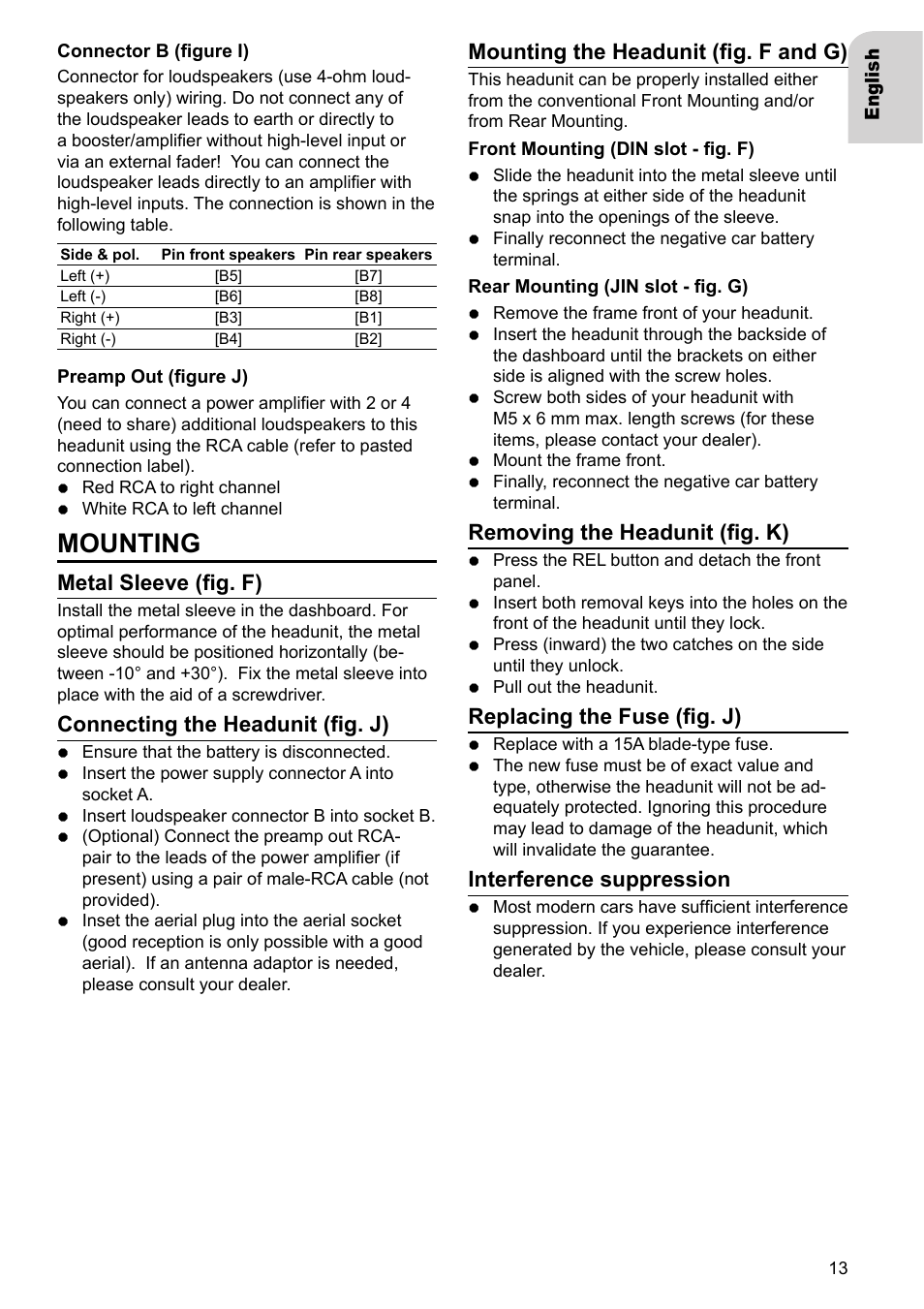 Mounting, Metal sleeve (fi g. f), Connecting the headunit (fi g. j) | Mounting the headunit (fi g. f and g), Removing the headunit (fi g. k), Replacing the fuse (fi g. j), Interference suppression | VDO Dayton TR 7327 B User Manual | Page 12 / 26