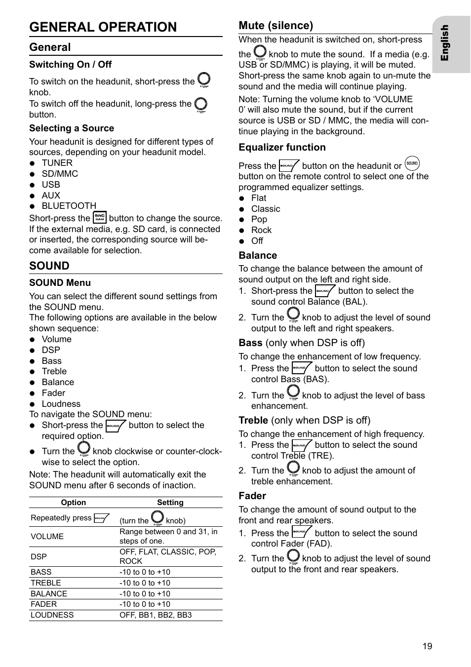 General operation, General, Sound | Mute (silence) | VDO Dayton TR 7327 B User Manual | Page 18 / 26