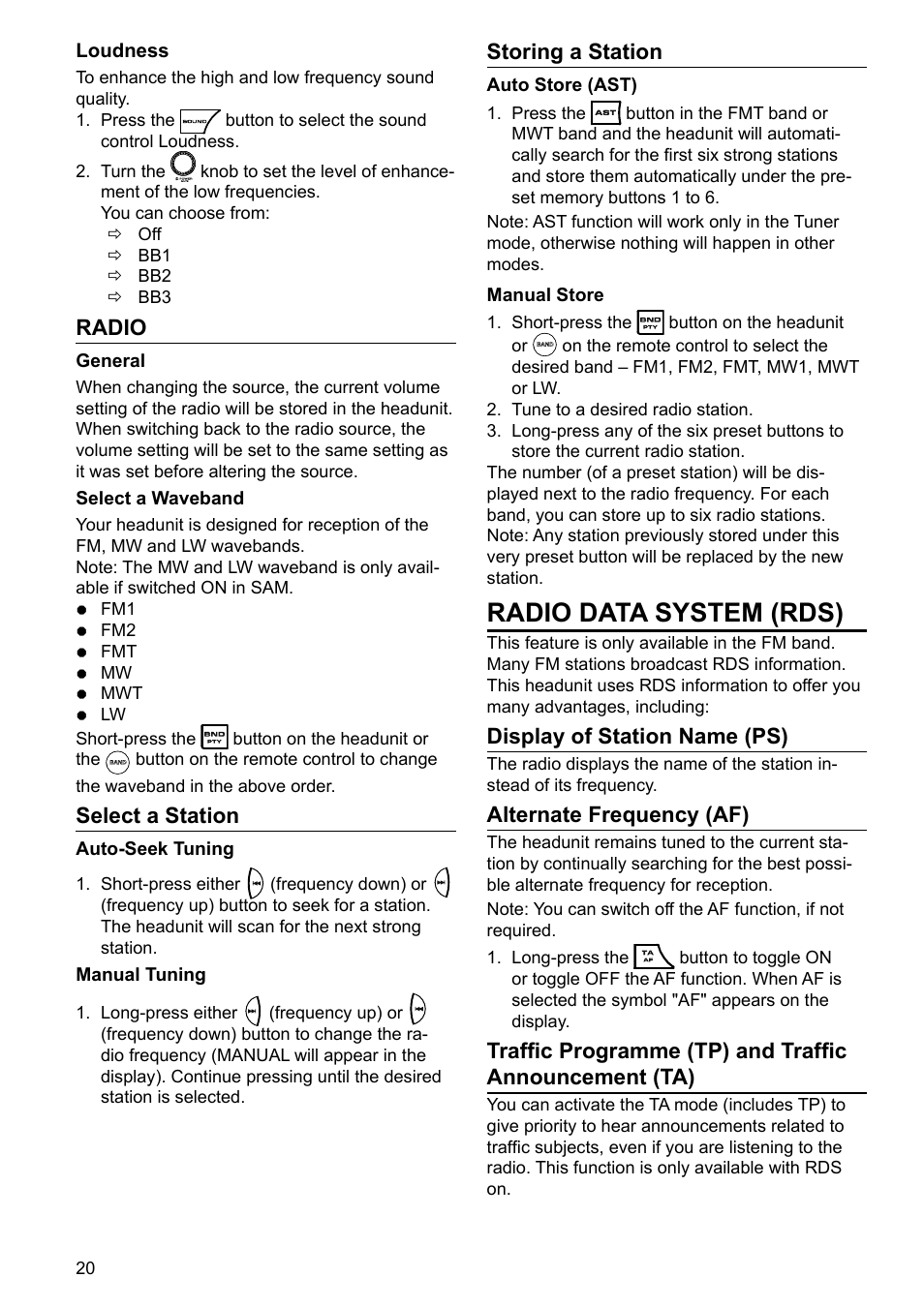 Radio data system (rds), Radio, Select a station | Storing a station, Display of station name (ps), Alternate frequency (af) | VDO Dayton TR 7327 B User Manual | Page 19 / 26