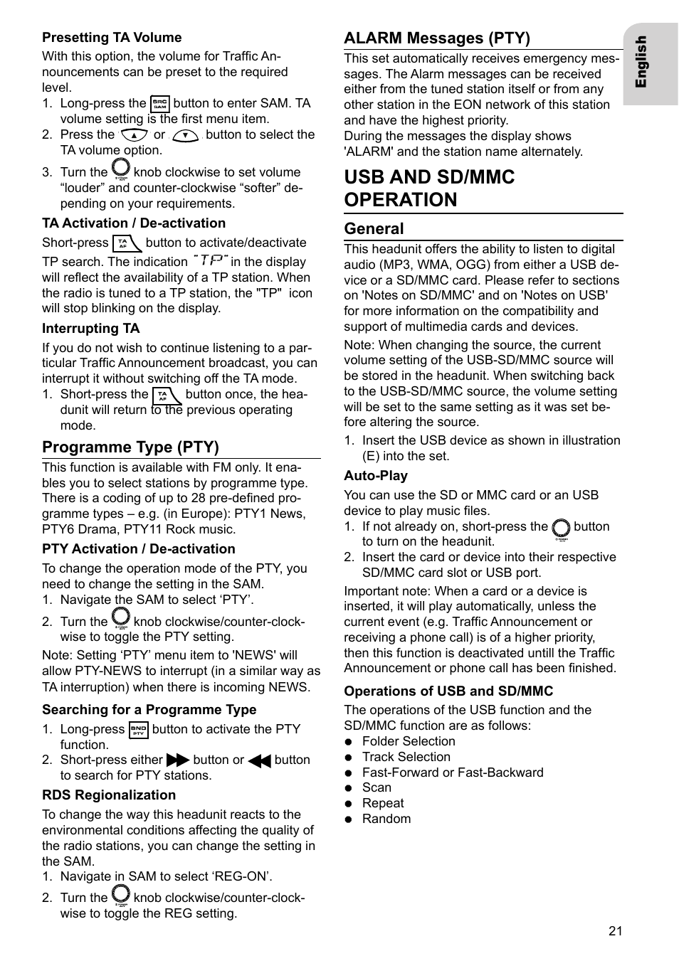 Usb and sd/mmc operation, Programme type (pty), Alarm messages (pty) | General | VDO Dayton TR 7327 B User Manual | Page 20 / 26