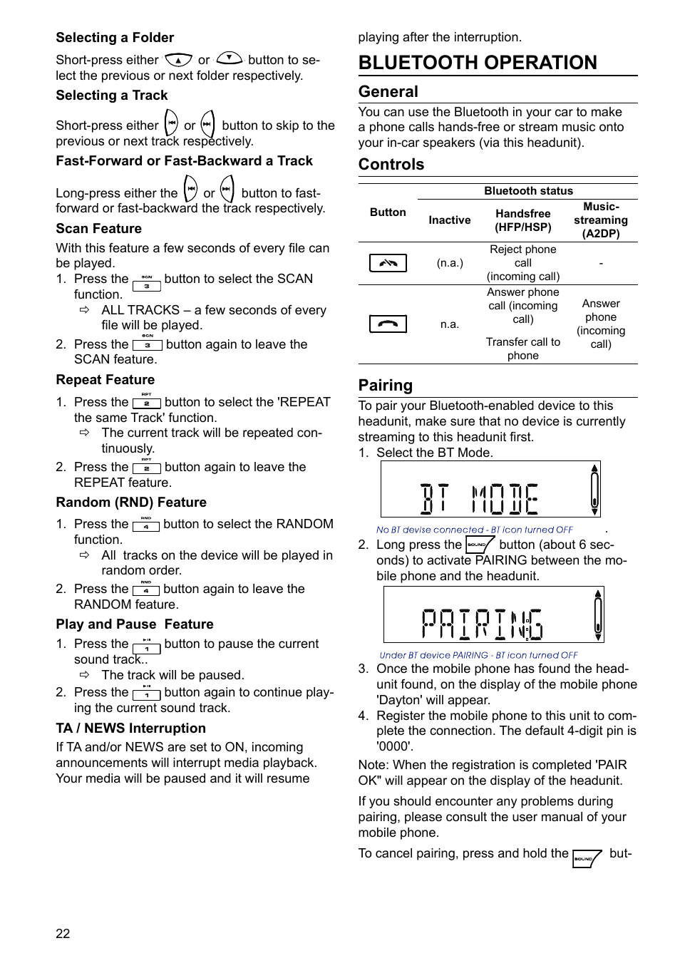Bluetooth operation, General, Controls | Pairing | VDO Dayton TR 7327 B User Manual | Page 21 / 26