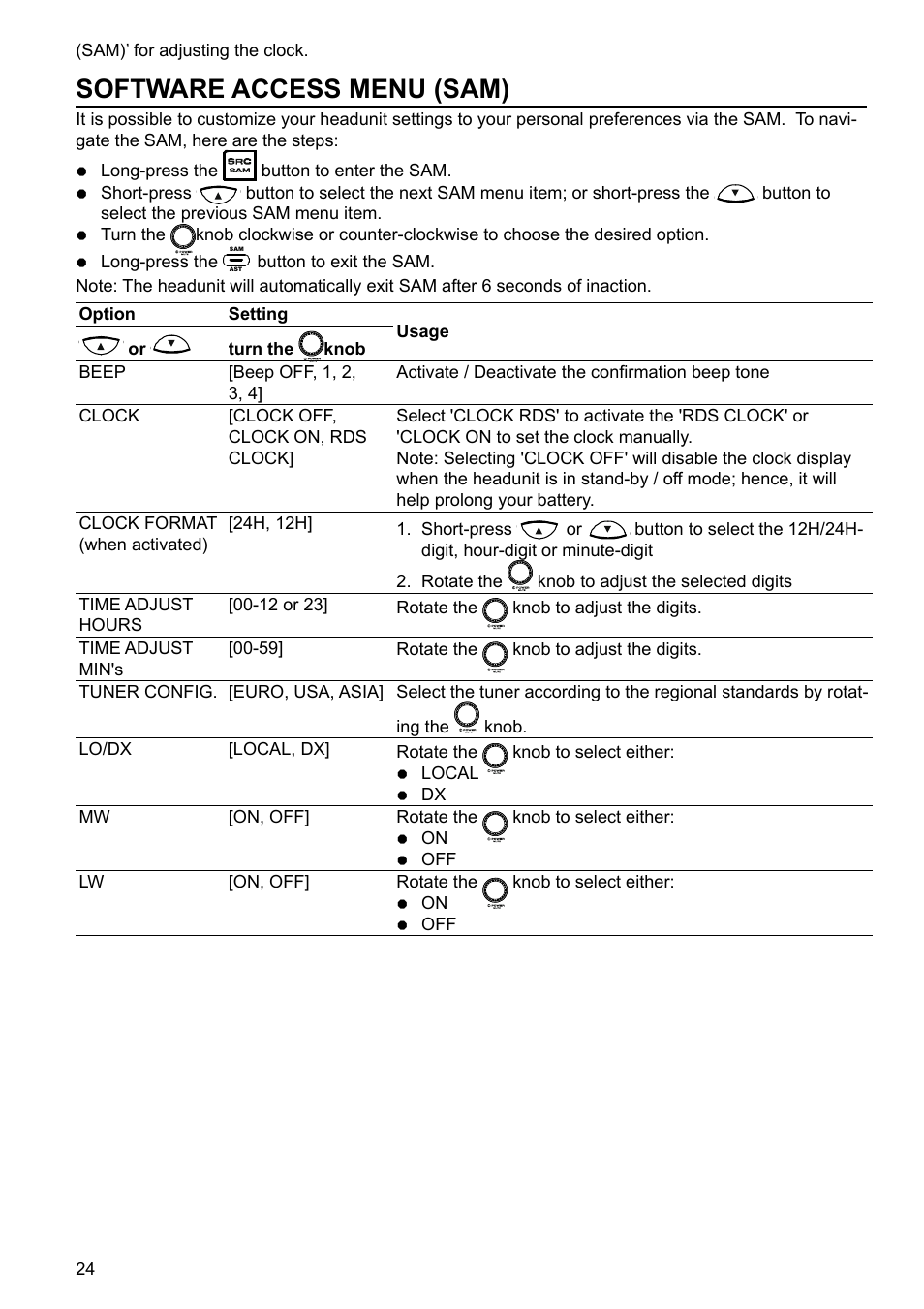 Software access menu (sam) | VDO Dayton TR 7327 B User Manual | Page 23 / 26