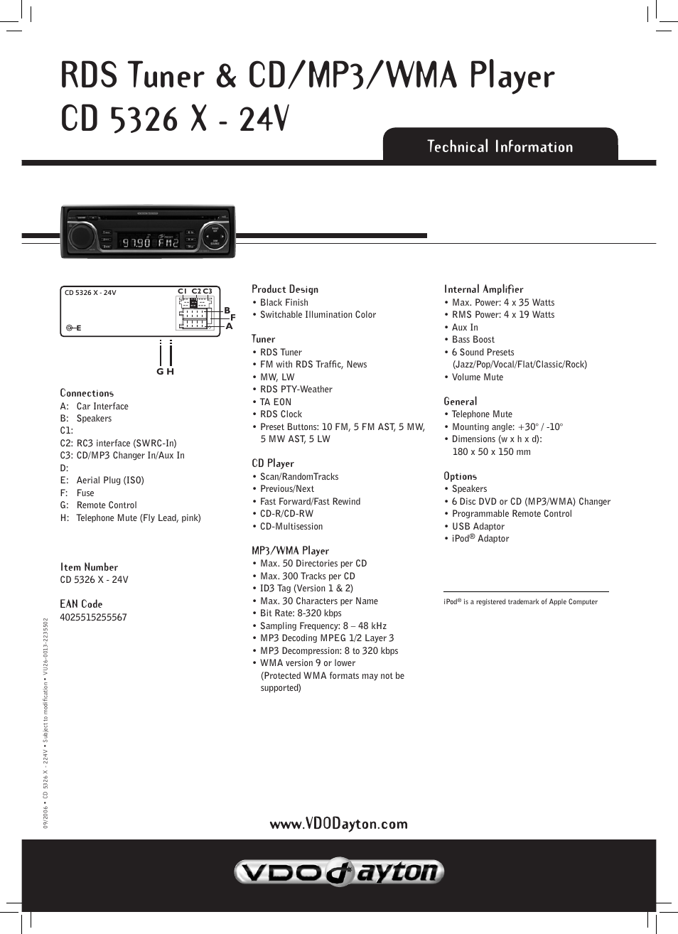 Technical information | VDO Dayton CD 5326 X - 24V User Manual | Page 2 / 2