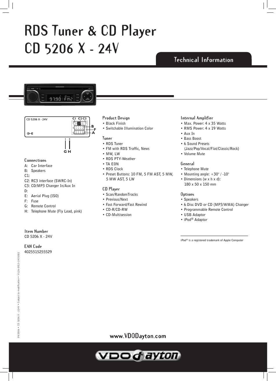 Technical information | VDO Dayton CD 5206 X - 24V User Manual | Page 2 / 2