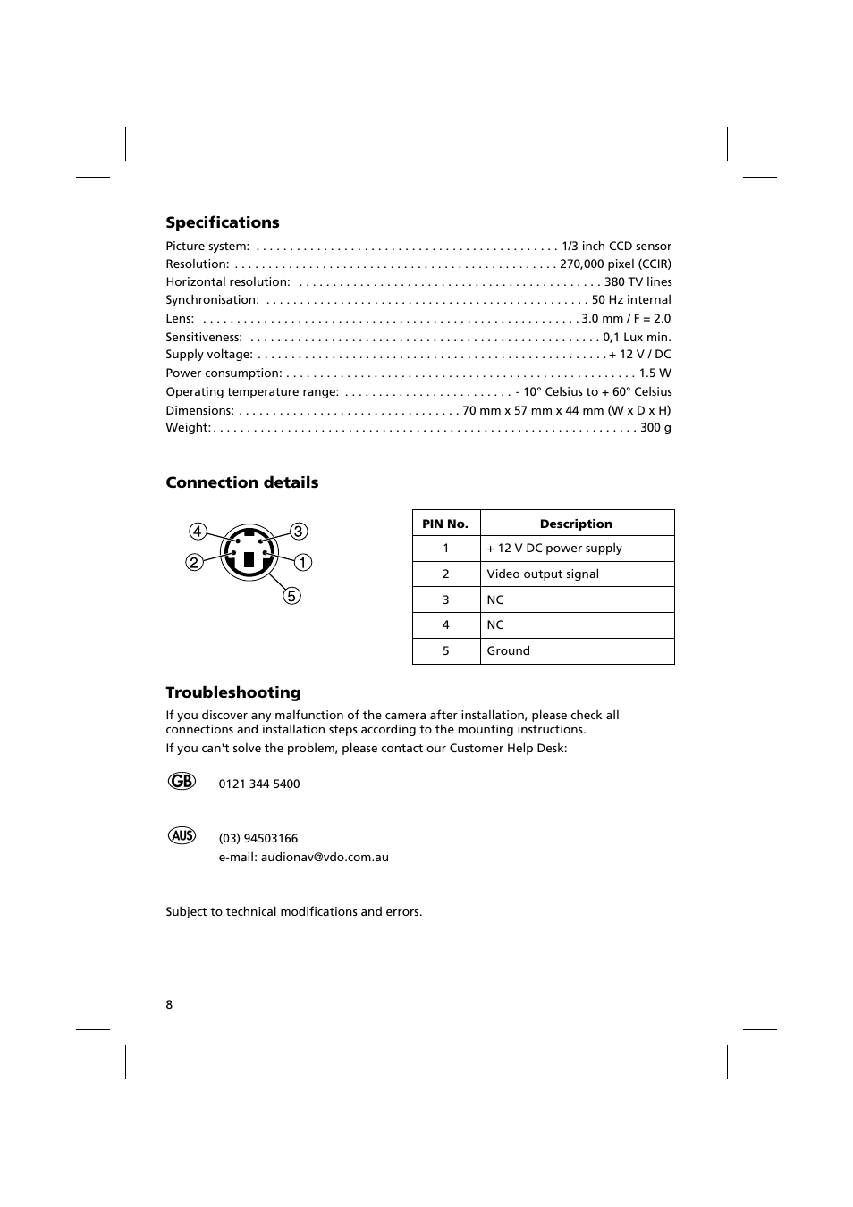 Specifications, Connection details, Troubleshooting | VDO Dayton CCD Backing Up Camera RV 5100 User Manual | Page 7 / 8