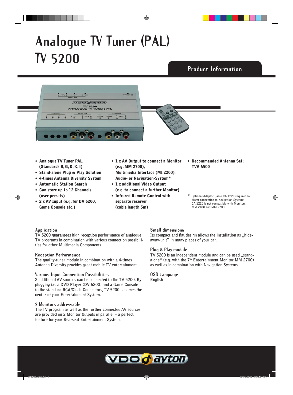 VDO Dayton TV 5200 User Manual | 2 pages
