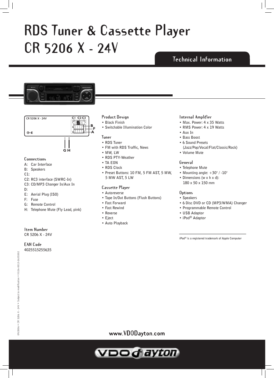 Technical information | VDO Dayton CR 5206 X - 24V User Manual | Page 2 / 2