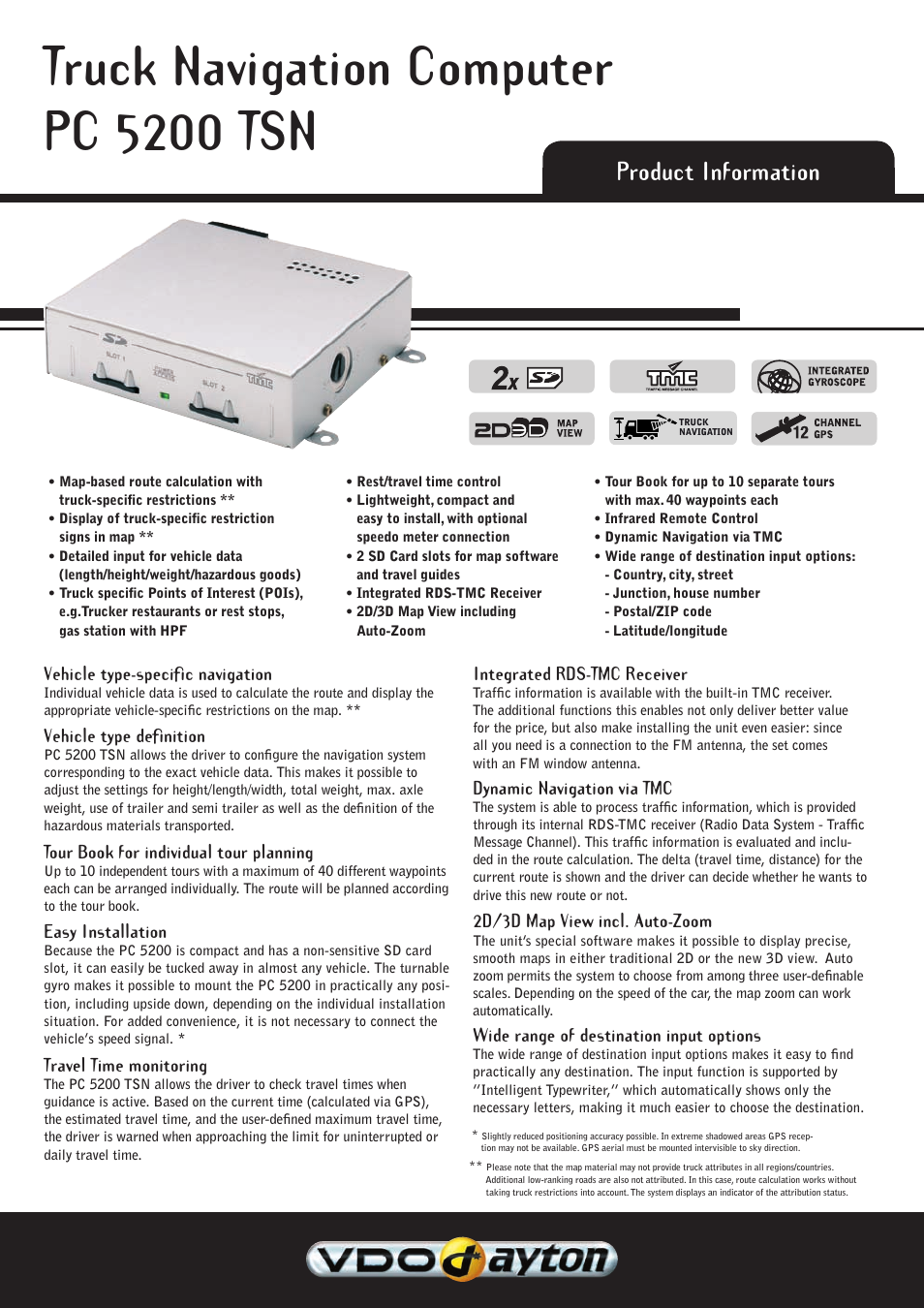 VDO Dayton Truck Navigation Computer PC 5200 TSN User Manual | 2 pages