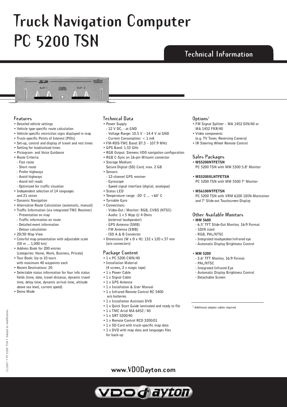 Truck navigation computer pc 5200 tsn, Technical information | VDO Dayton Truck Navigation Computer PC 5200 TSN User Manual | Page 2 / 2