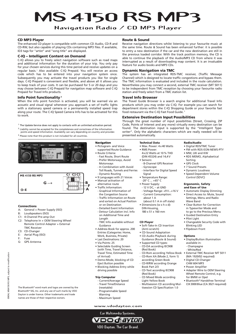 Navigation radio / cd mp3 player, Bf a | VDO Dayton MS 4150 RS MP3 User Manual | Page 2 / 2