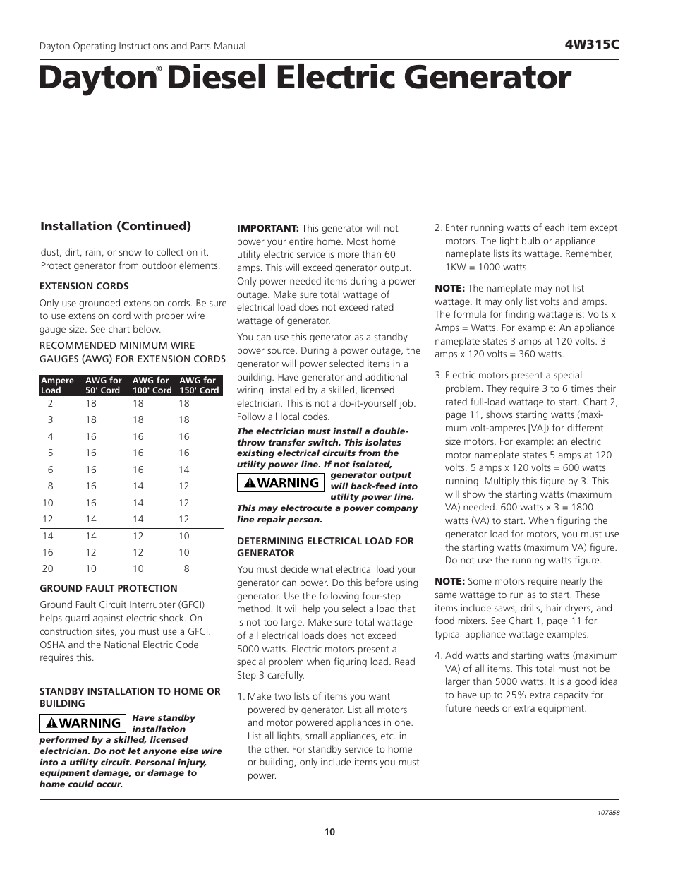 Dayton diesel electric generator, 4w315c | VDO Dayton 4W315C User Manual | Page 10 / 28