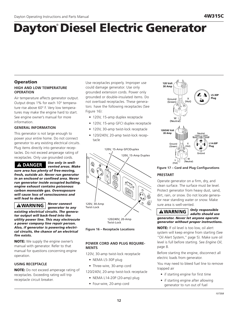 Dayton diesel electric generator, 4w315c, Operation | Dayton operating instructions and parts manual 12 | VDO Dayton 4W315C User Manual | Page 12 / 28