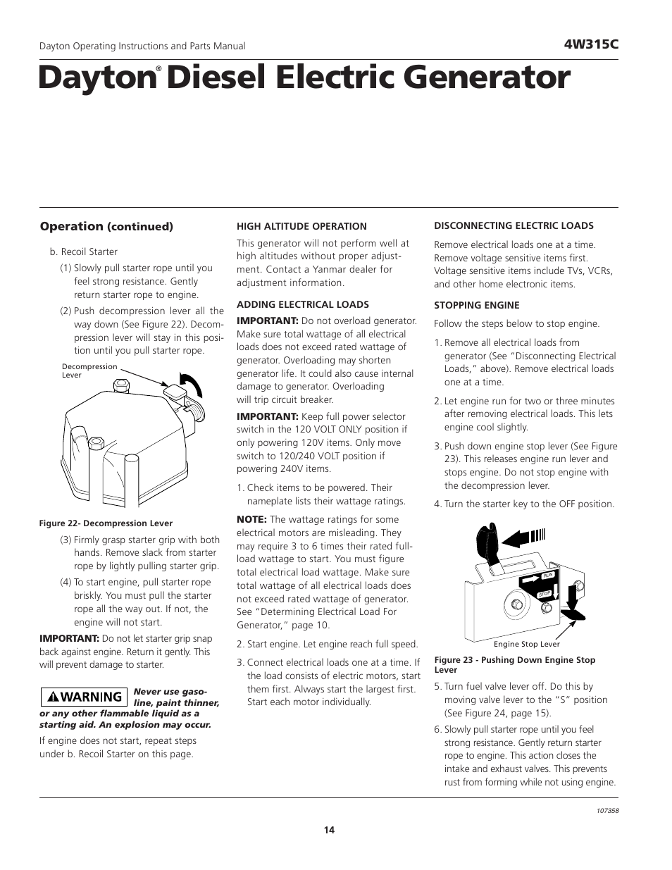 Dayton diesel electric generator, 4w315c | VDO Dayton 4W315C User Manual | Page 14 / 28