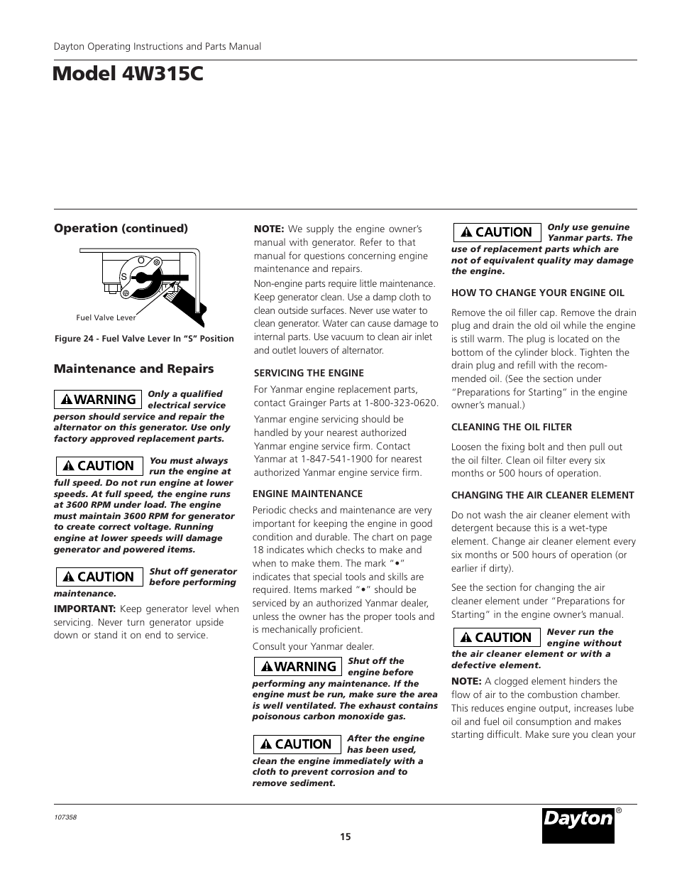 Model 4w315c, Maintenance and repairs, Operation | VDO Dayton 4W315C User Manual | Page 15 / 28
