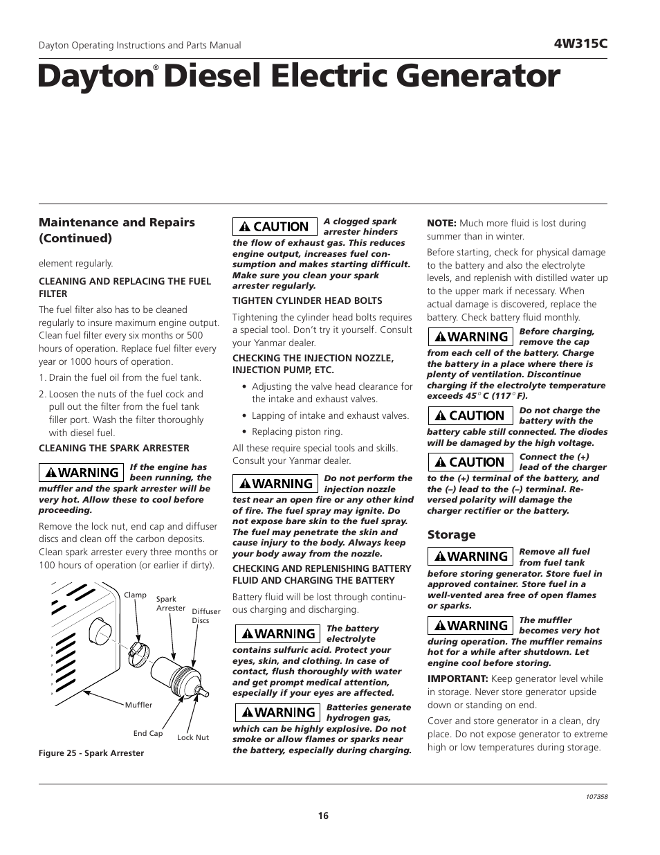 Dayton diesel electric generator, 4w315c, Maintenance and repairs (continued) storage | VDO Dayton 4W315C User Manual | Page 16 / 28