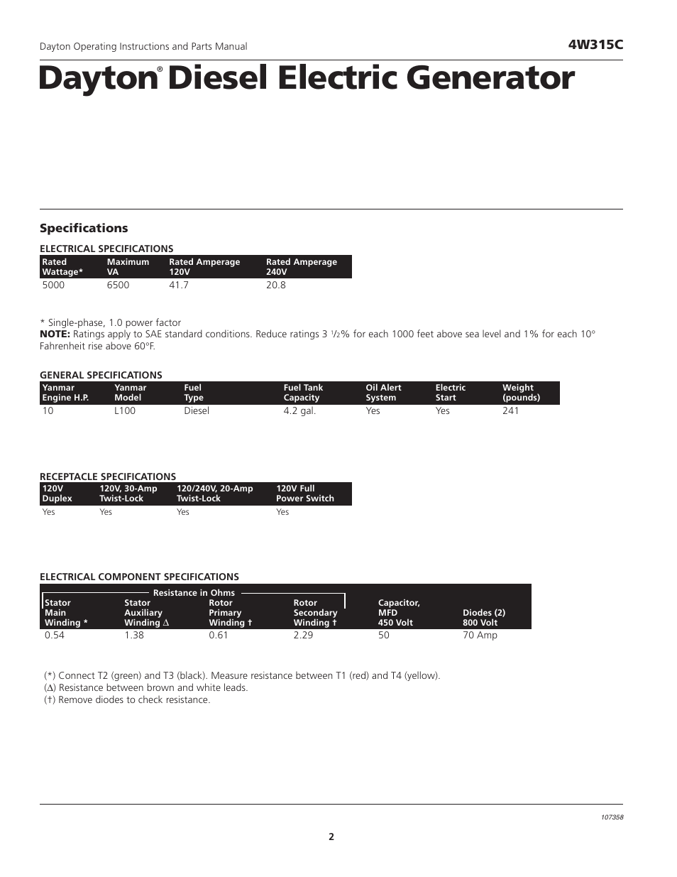 Dayton diesel electric generator, 4w315c, Specifications | VDO Dayton 4W315C User Manual | Page 2 / 28