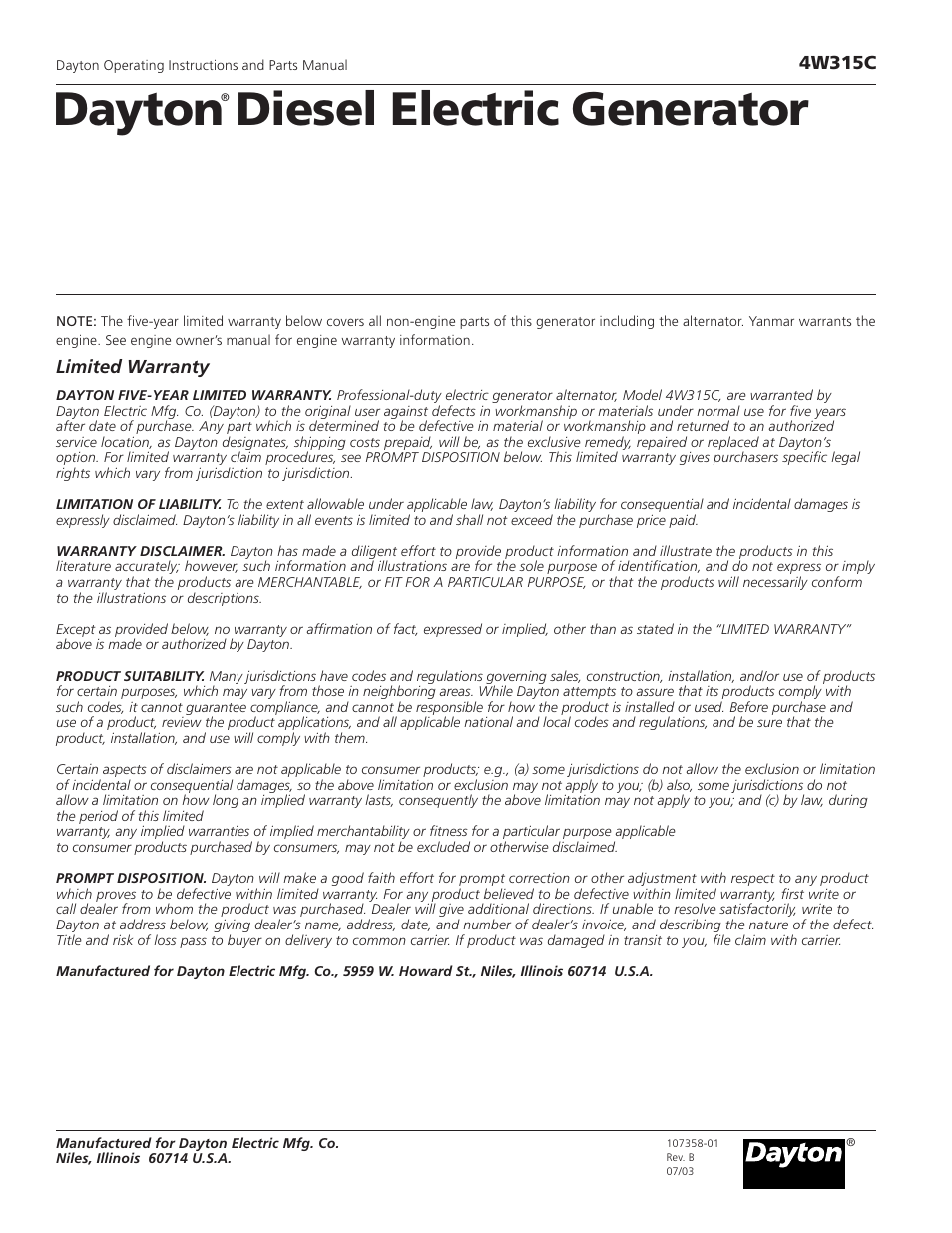 Dayton diesel electric generator, 4w315c, Limited warranty | VDO Dayton 4W315C User Manual | Page 28 / 28