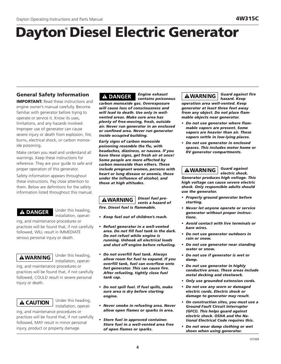 Dayton diesel electric generator, 4w315c, General safety information | VDO Dayton 4W315C User Manual | Page 4 / 28