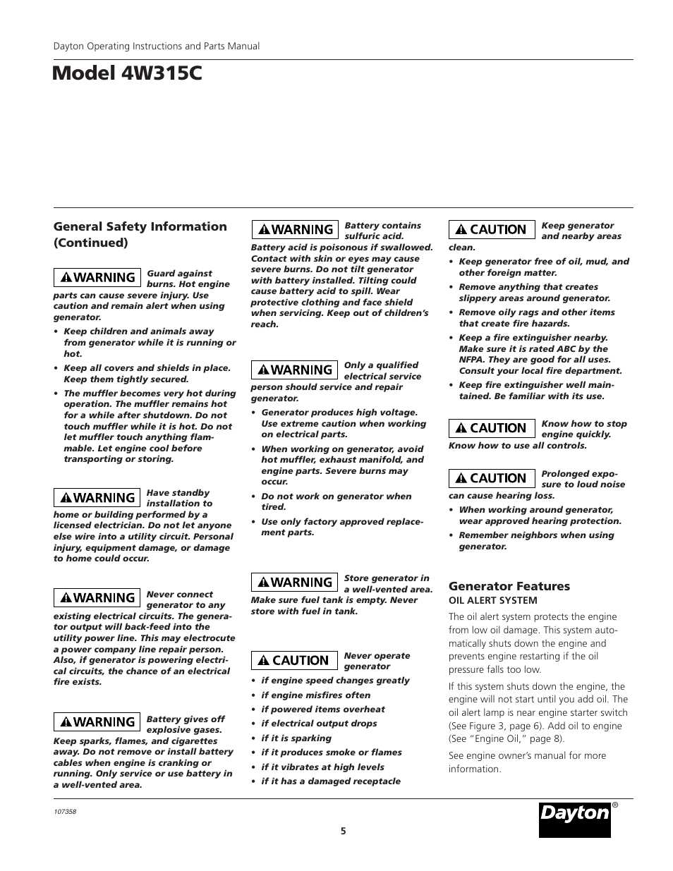 Model 4w315c, General safety information (continued), Generator features | VDO Dayton 4W315C User Manual | Page 5 / 28