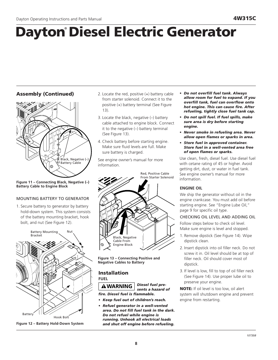 Dayton diesel electric generator, 4w315c, Assembly (continued) installation | VDO Dayton 4W315C User Manual | Page 8 / 28