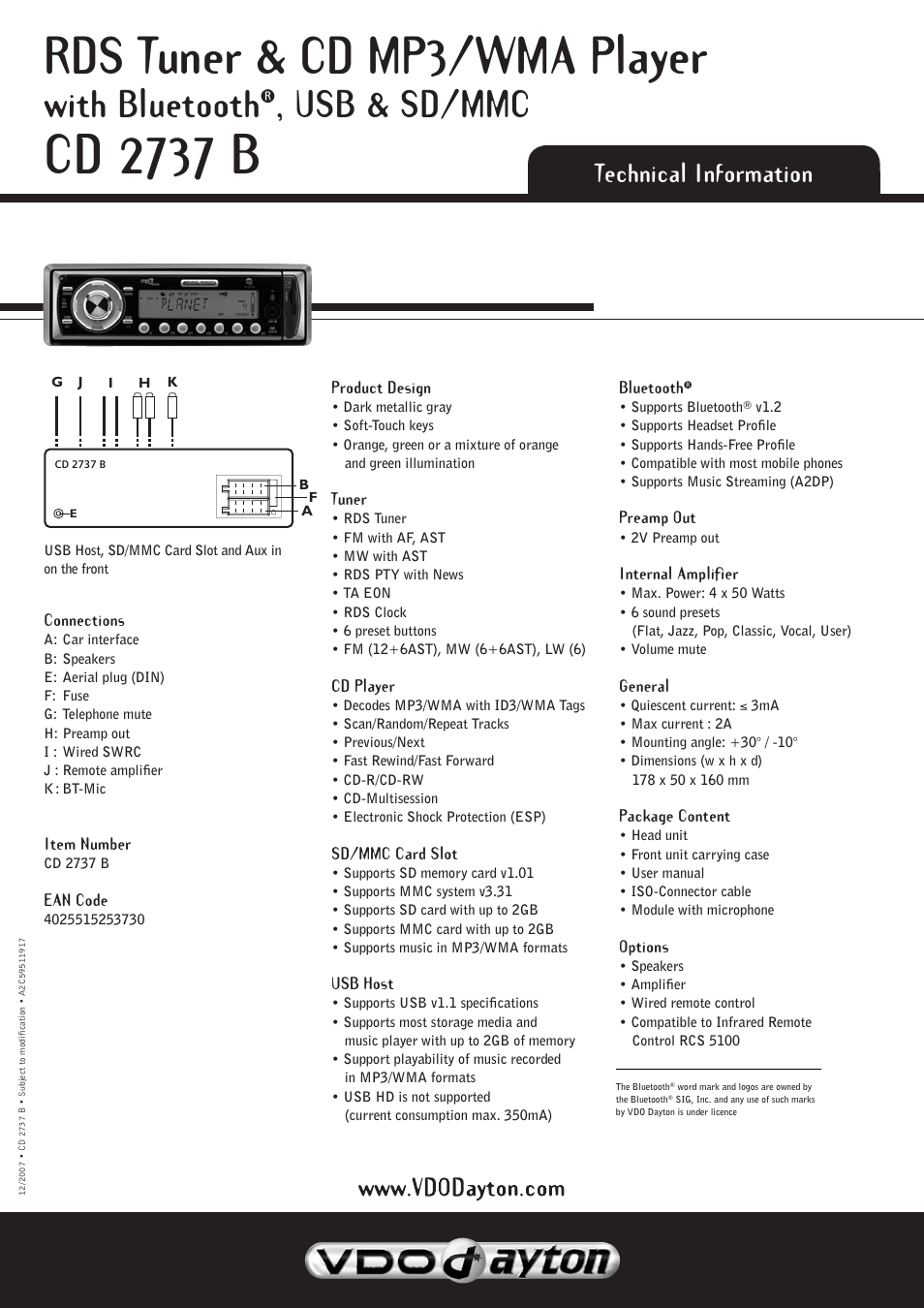 Cd 2737 b, Rds tuner & cd mp3/wma player, With bluetooth | Usb & sd/mmc, Technical information | VDO Dayton CD 2737 B User Manual | Page 2 / 2