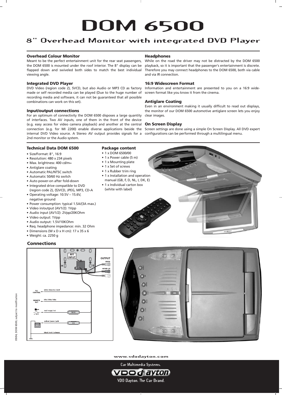 Dom 6500, 8" overhead monitor with integrated dvd player | VDO Dayton DOM 6500 User Manual | Page 2 / 2