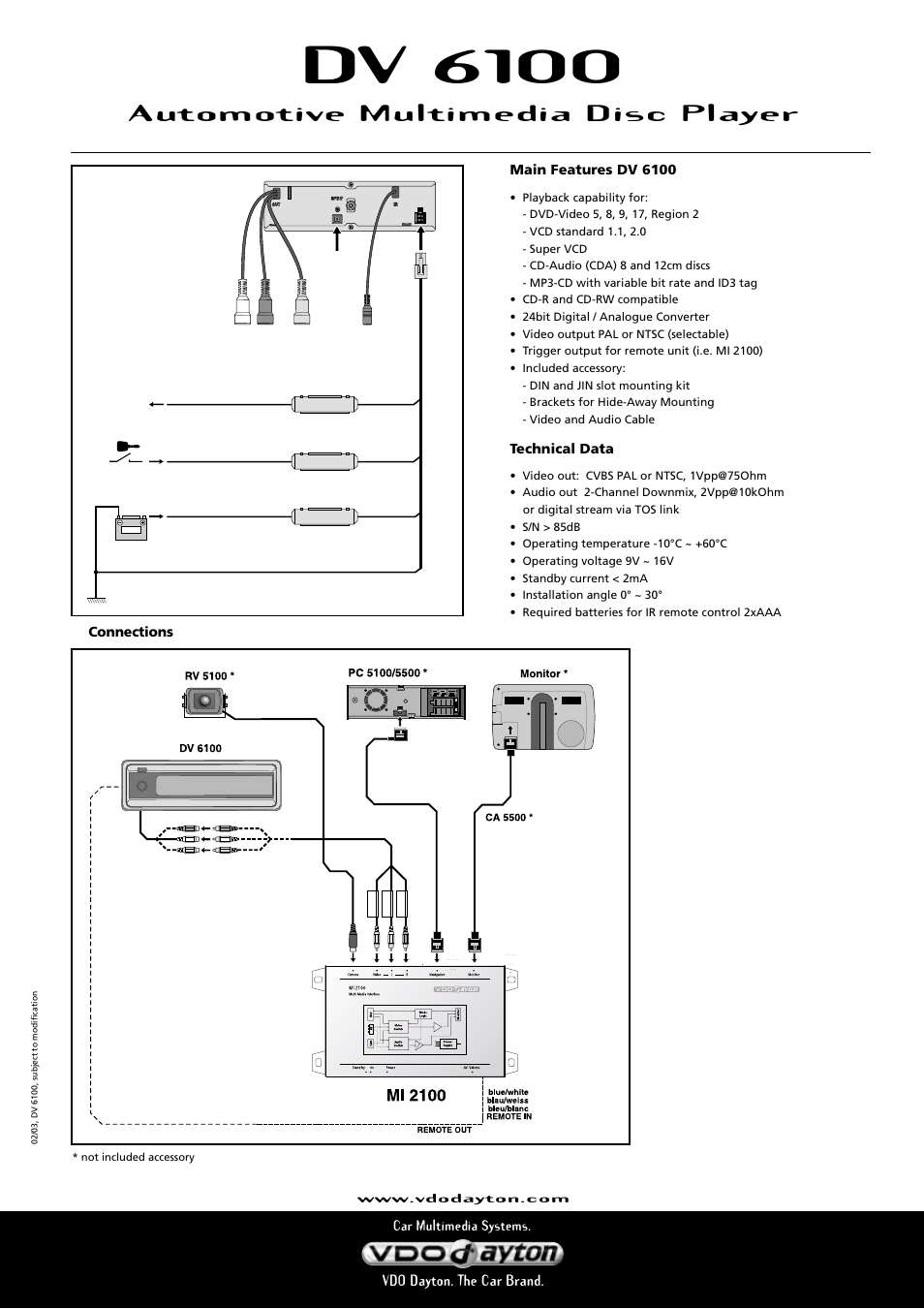 Dv 6100, Automotive multimedia disc player | VDO Dayton DV 6100 User Manual | Page 2 / 2