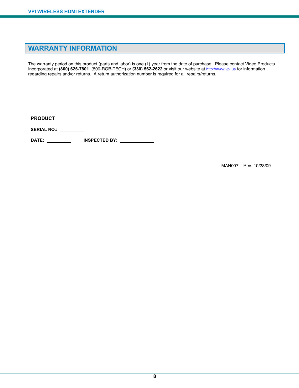 Warranty information | Video Products ST-WLHDMI-R-30M User Manual | Page 11 / 11