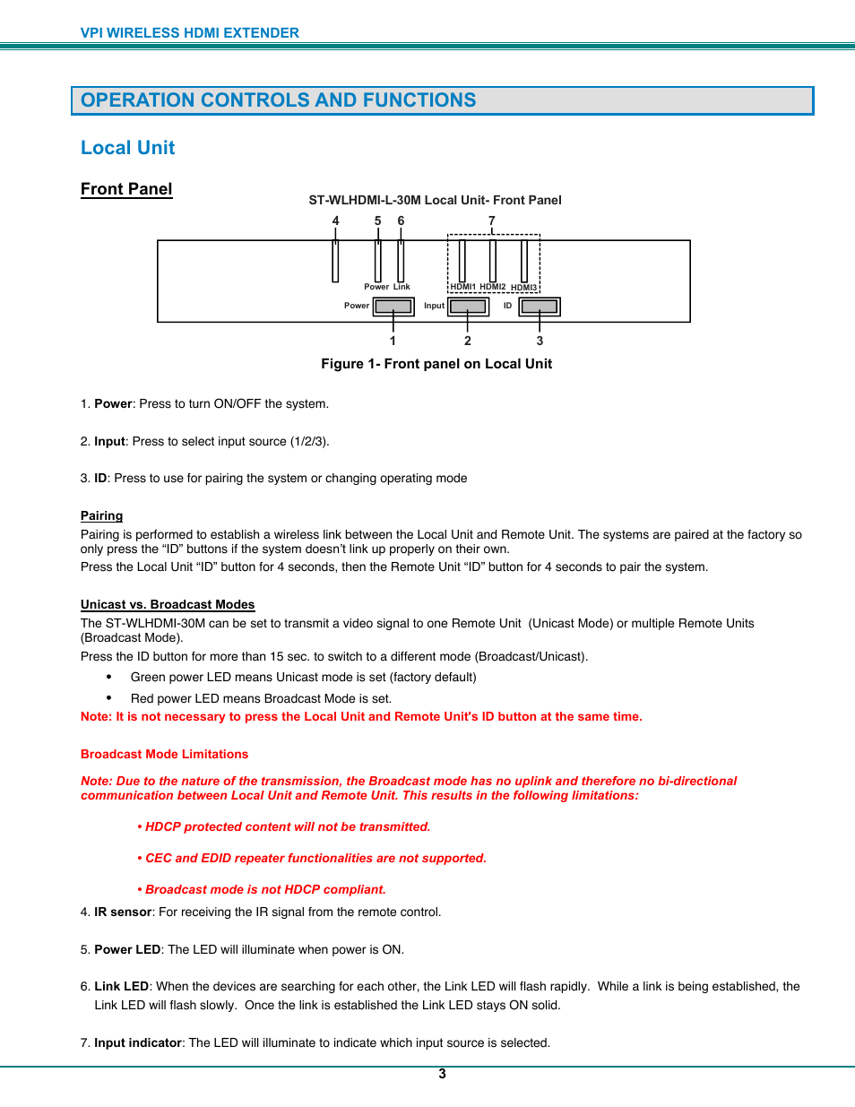 Operation controls and functions local unit, Front panel | Video Products ST-WLHDMI-R-30M User Manual | Page 6 / 11