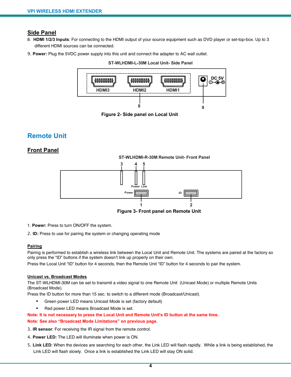 Remote unit, Side panel, Front panel | Video Products ST-WLHDMI-R-30M User Manual | Page 7 / 11