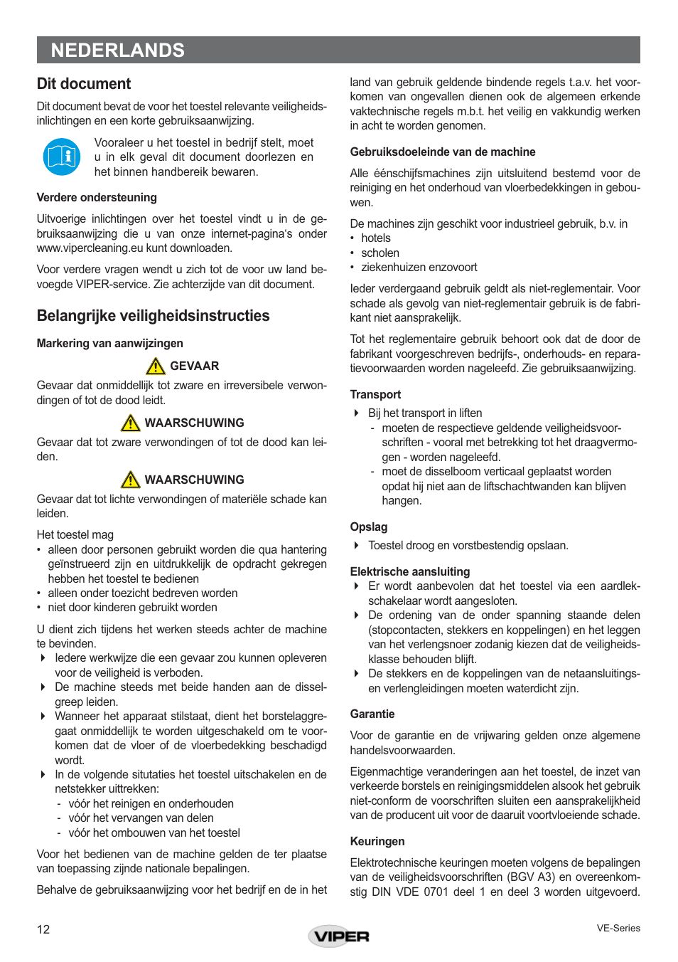 Nederlands, Dit document, Hodqjulmnh yhloljkhlgvlqvwuxfwlhv | Viper VE 17 DS P User Manual | Page 12 / 28