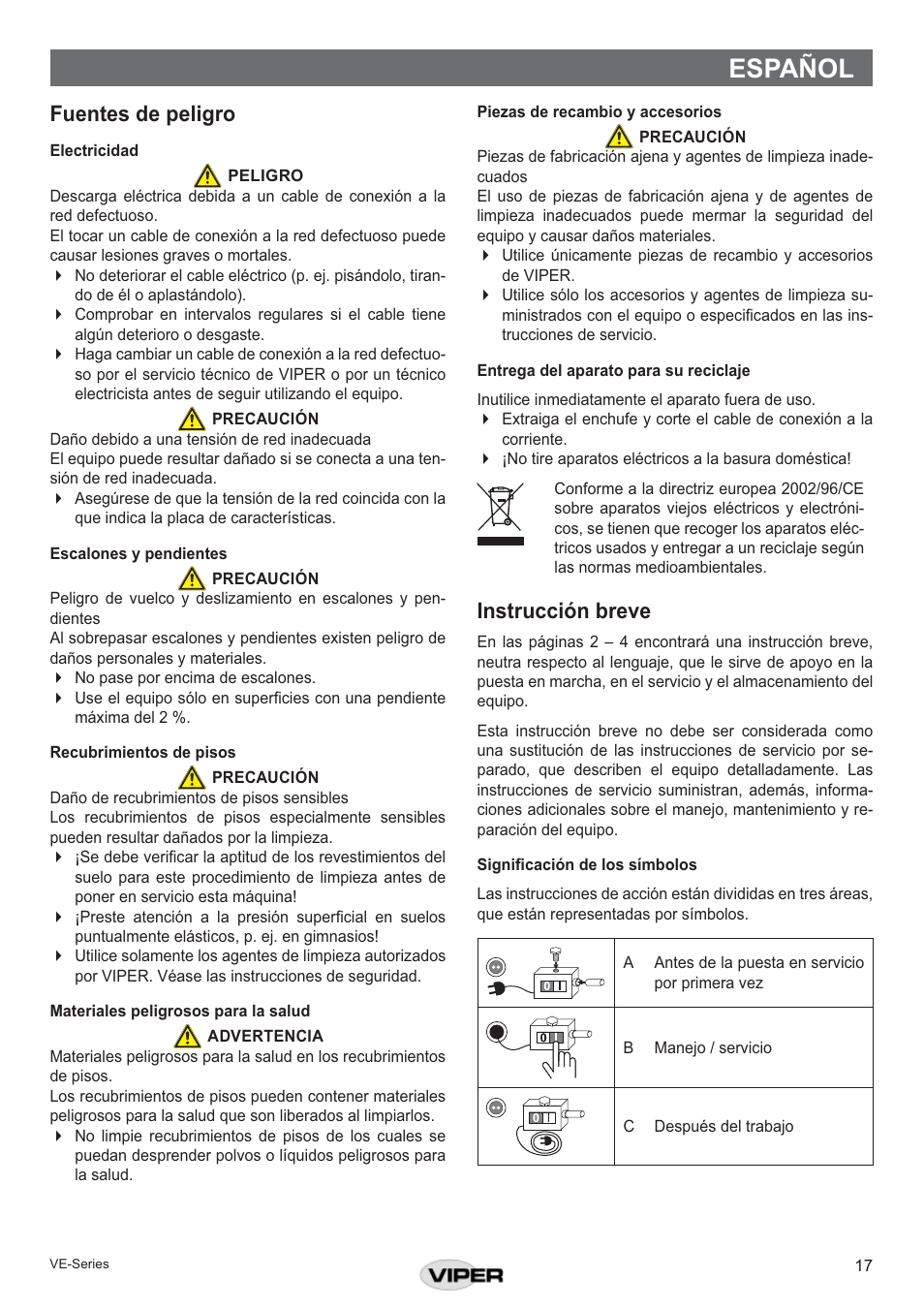 Español, Fuentes de peligro, Qvwuxfflyq euhyh | Viper VE 17 DS P User Manual | Page 17 / 28