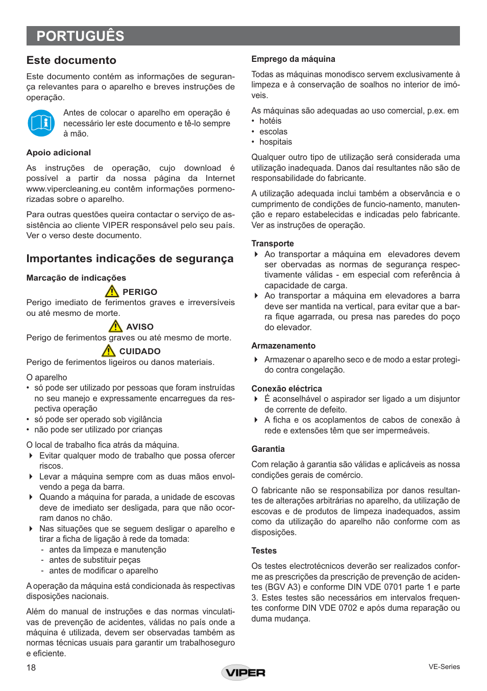 Português, Este documento, Importantes indicações de segurança | Viper VE 17 DS P User Manual | Page 18 / 28