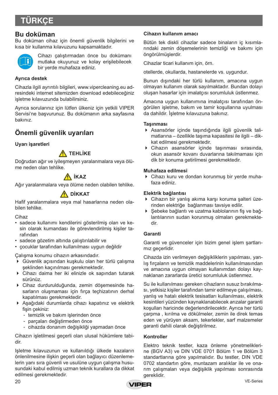 Türkçe, Bu doküman, Gqhpol jyhqoln x\duõoduõ | Viper VE 17 DS P User Manual | Page 20 / 28