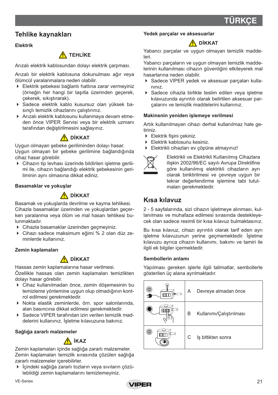 Türkçe, 7hkolnh nd\qdnoduõ, Õvd nõodyx | Viper VE 17 DS P User Manual | Page 21 / 28