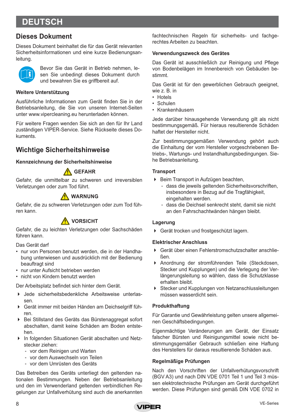 Deutsch, Dieses dokument, Wichtige sicherheitshinweise | Viper VE 17 DS P User Manual | Page 8 / 28
