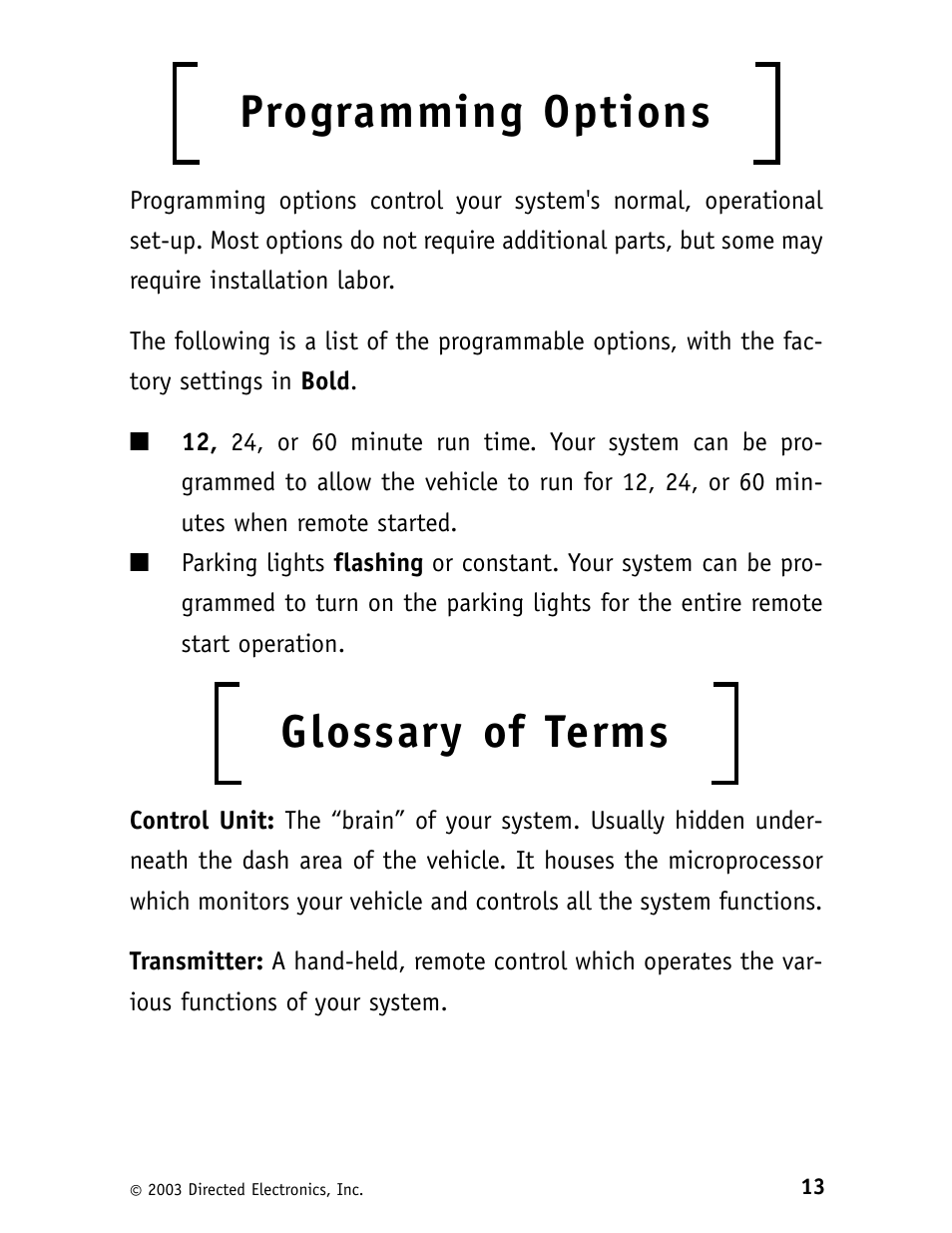 Programming options, Glossary of terms | Viper 120HV User Manual | Page 16 / 18