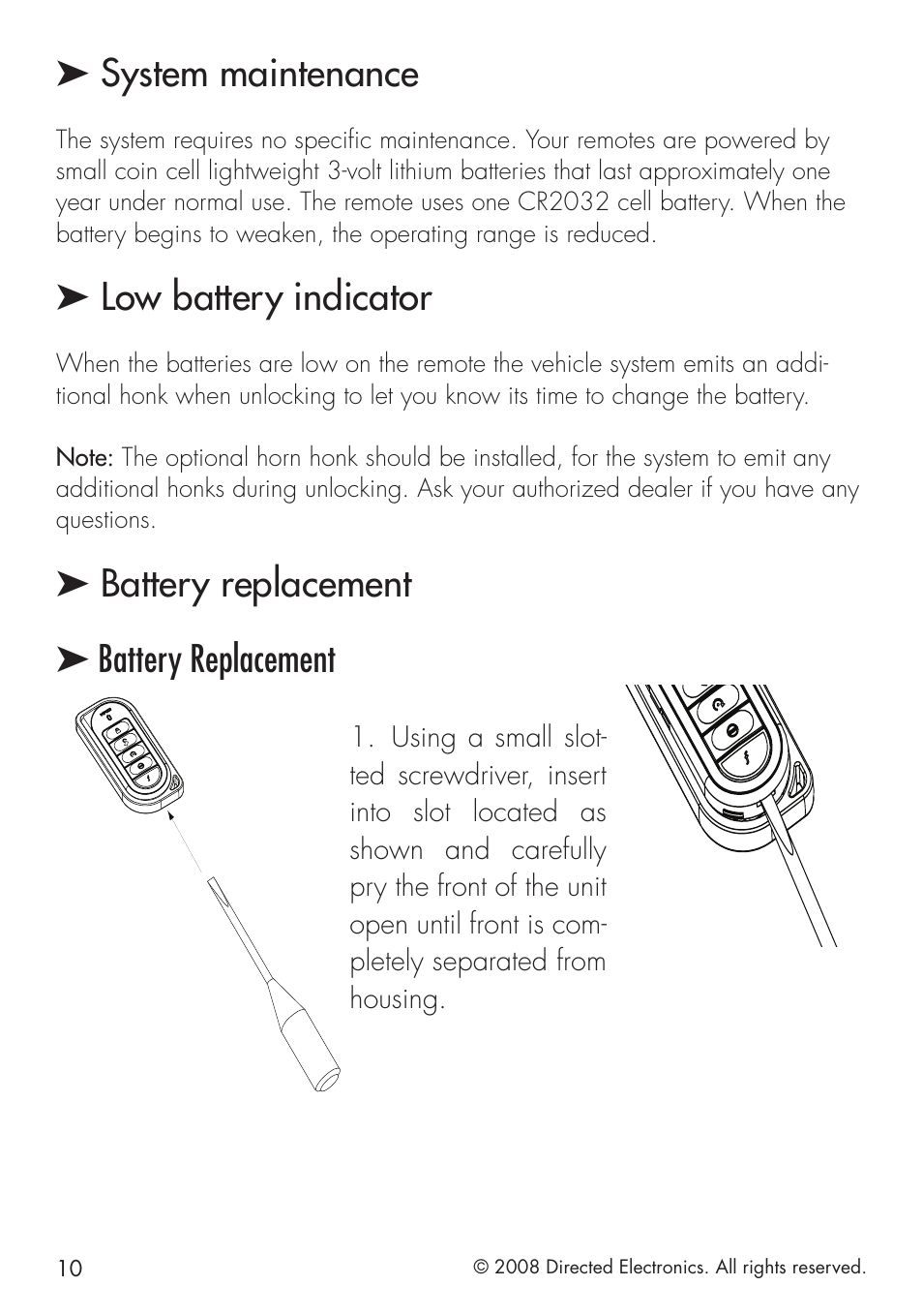 System maintenance, Low battery indicator, Battery replacement ➤ battery replacement | Viper 5101 User Manual | Page 10 / 40